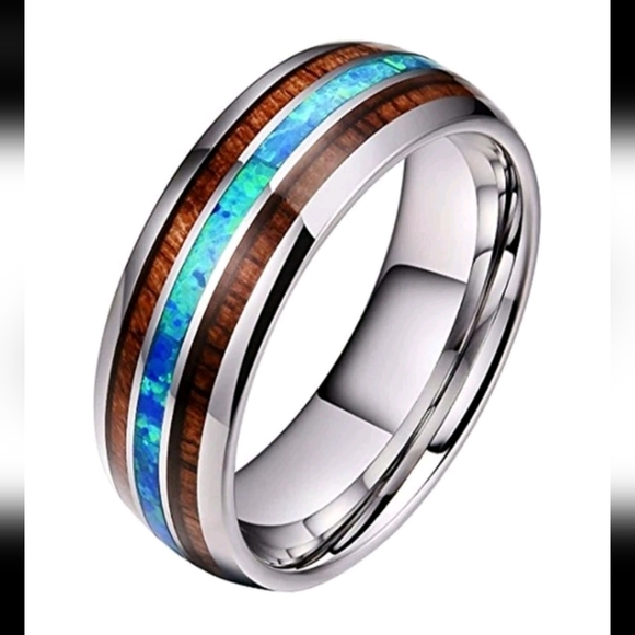 Fire Opal Koa Engagement Wedding Band Ring Unisex - Picture 3 of 6